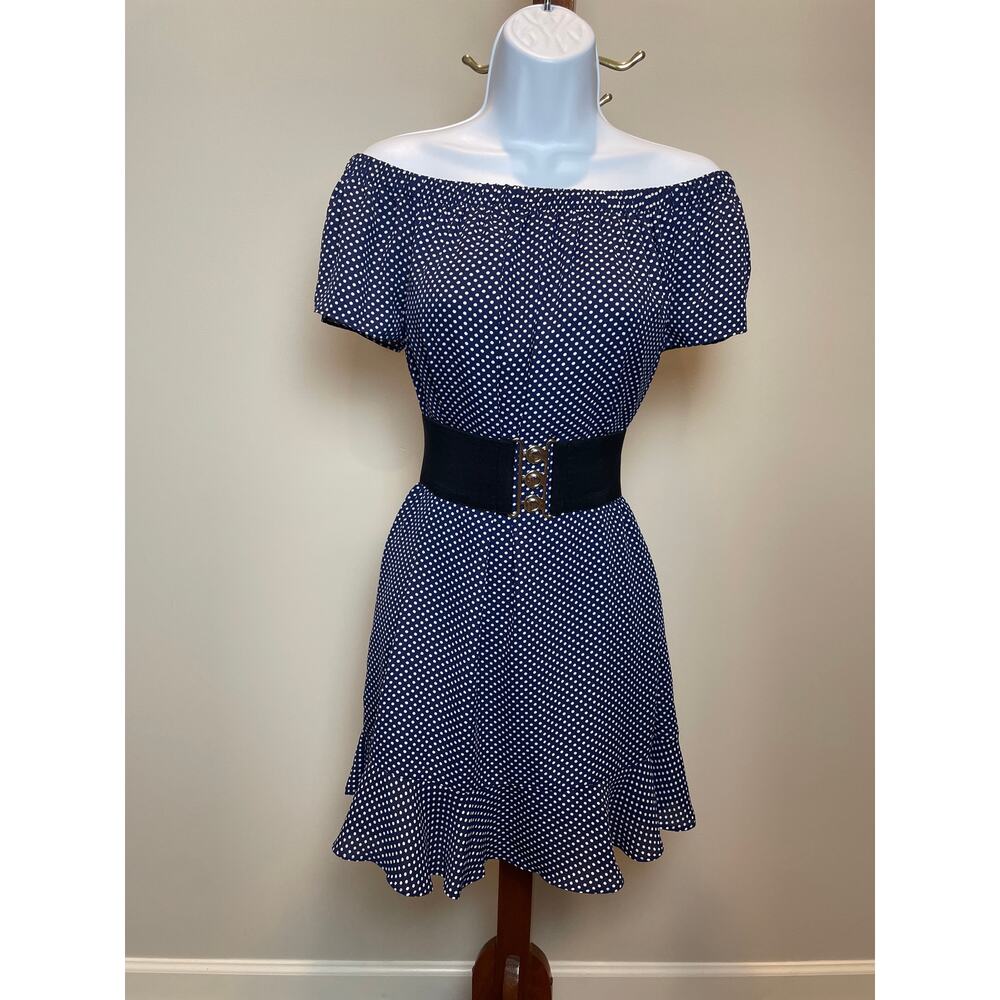 Express Dress Blue White Polka Dot Off The Shoulder Short Sleeve Mini Size M - Picture 10 of 10
